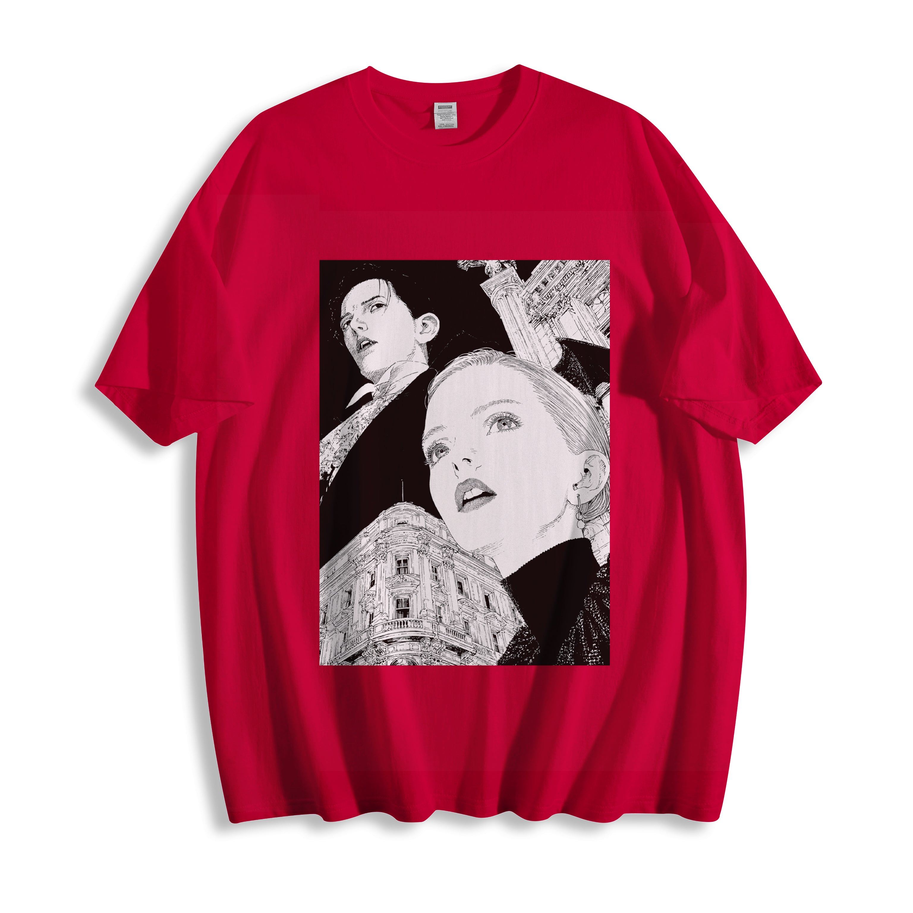 A flat lay of a red monochrome upward gaze graphic tee, contrasting a vibrant red base with a silent generational shift monochrome line art print.