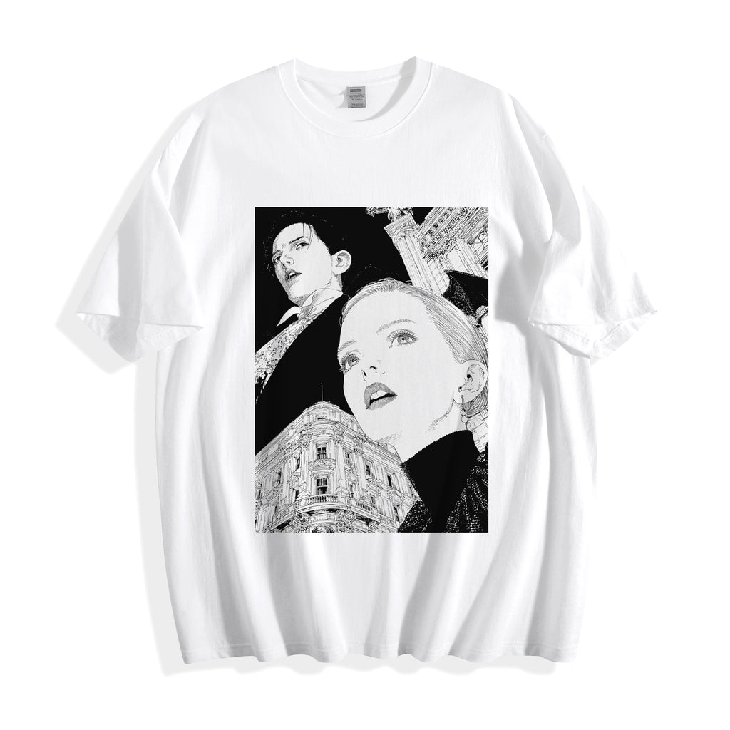 A flat lay of a white monochrome upward gaze graphic tee, featuring sharp line portraits of a boy and girl as a monument to the old world.