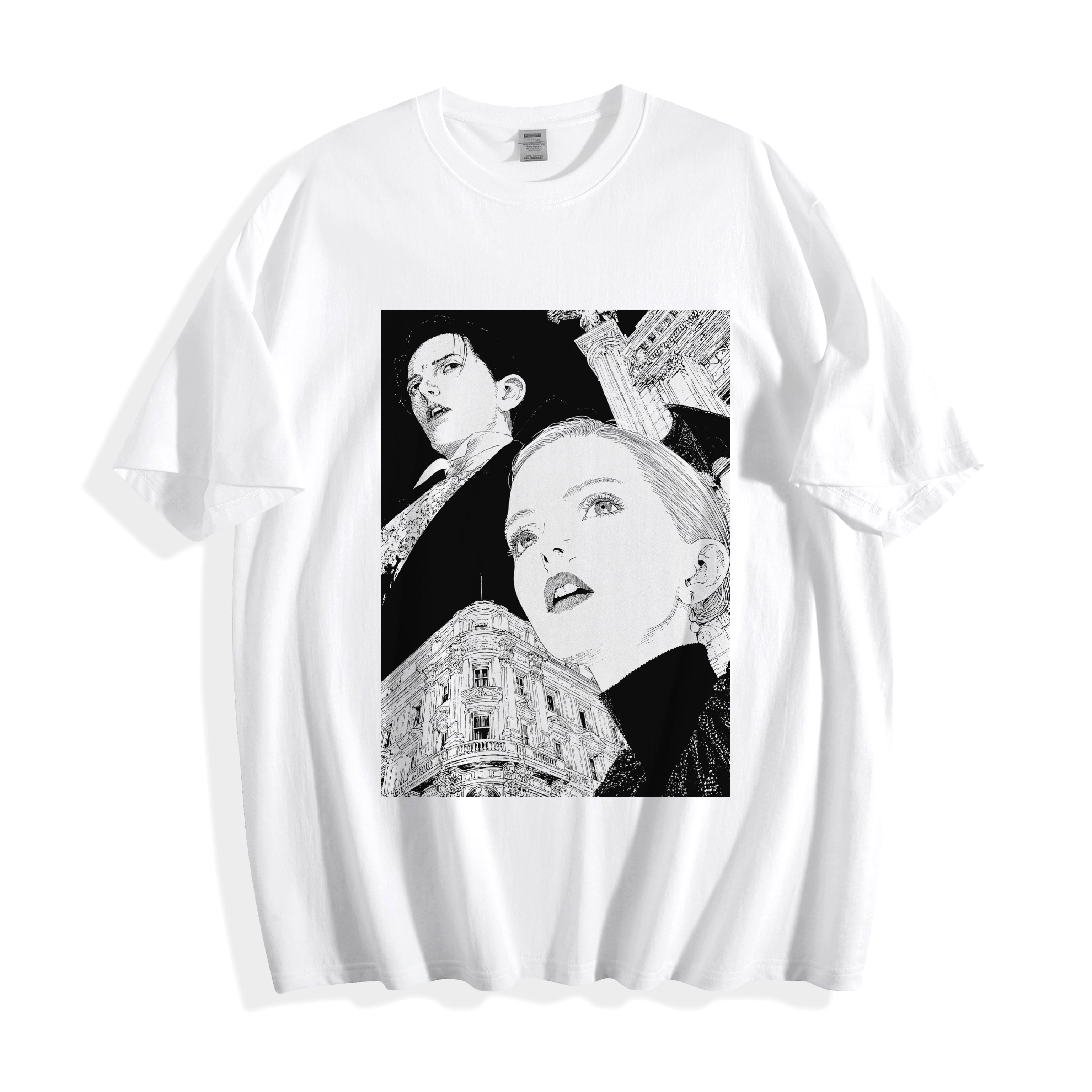 A flat lay of a white monochrome upward gaze graphic tee, featuring sharp line portraits of a boy and girl as a monument to the old world.