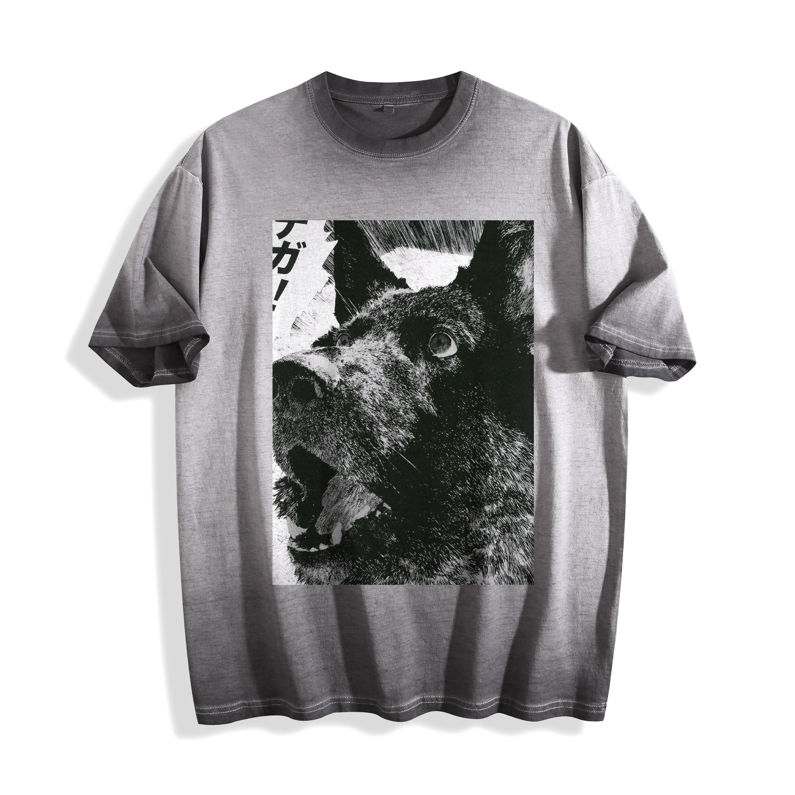 A gray mineral-wash t-shirt featuring a large black and white graphic print of a dog's face on the front, displayed against a clean white background.