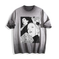A gray mineral-wash t-shirt with a black and white graphic print of a gothic portrait on the front, displayed against a clean white background.
