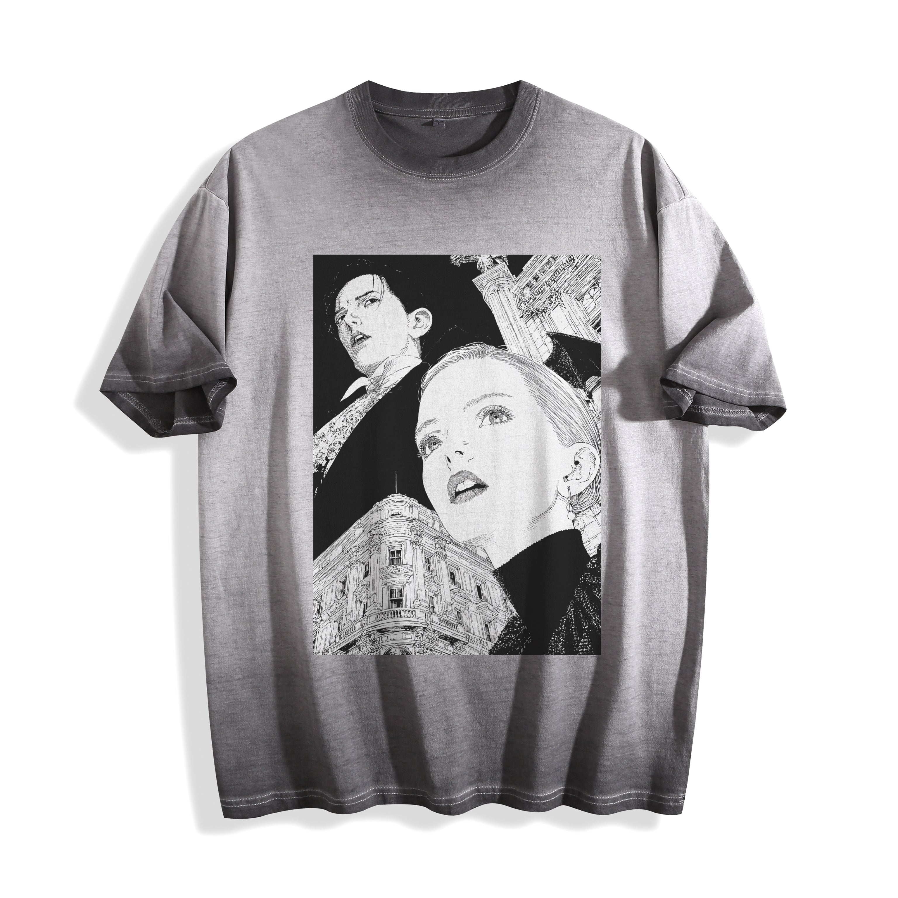A gray mineral-wash t-shirt with a black and white graphic print of a gothic portrait on the front, displayed against a clean white background.