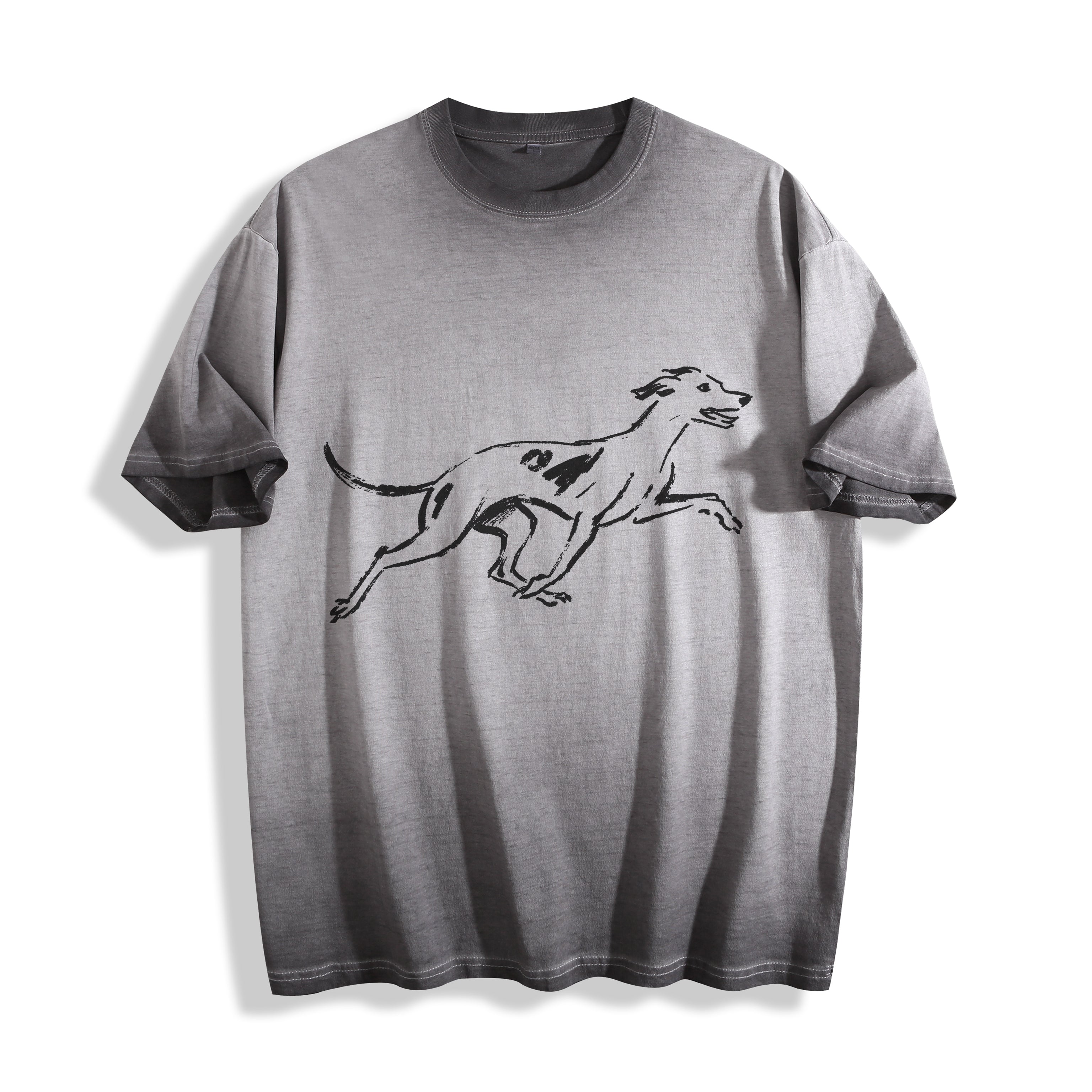 Clean flat lay product shot of an ombre grey t-shirt featuring a monochrome minimalist running dog line art design.
