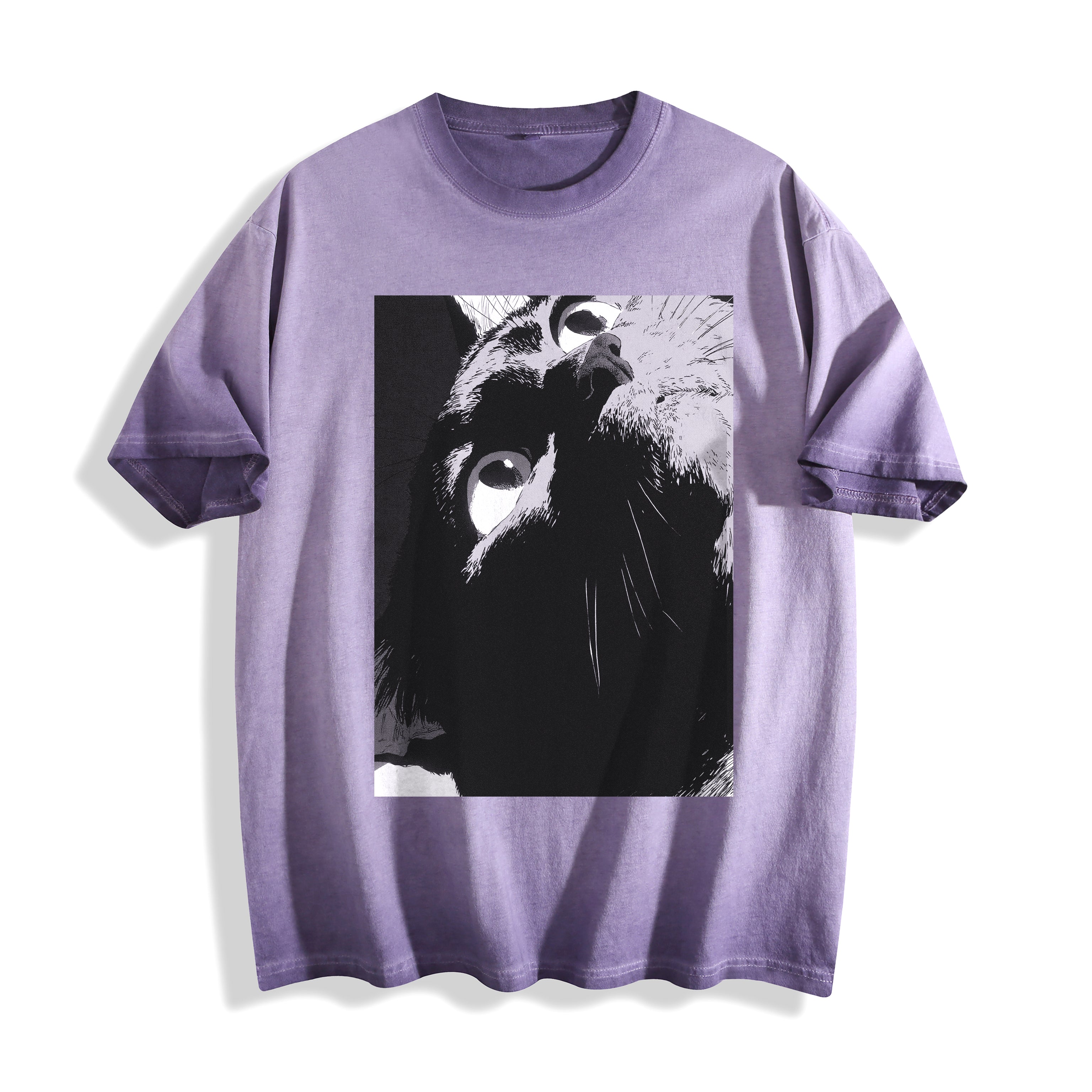 Flat lay product photography of an ombre violet heavyweight boxy fit t-shirt showcasing a black-and-white manga freeze-frame close-up of staring eyes.