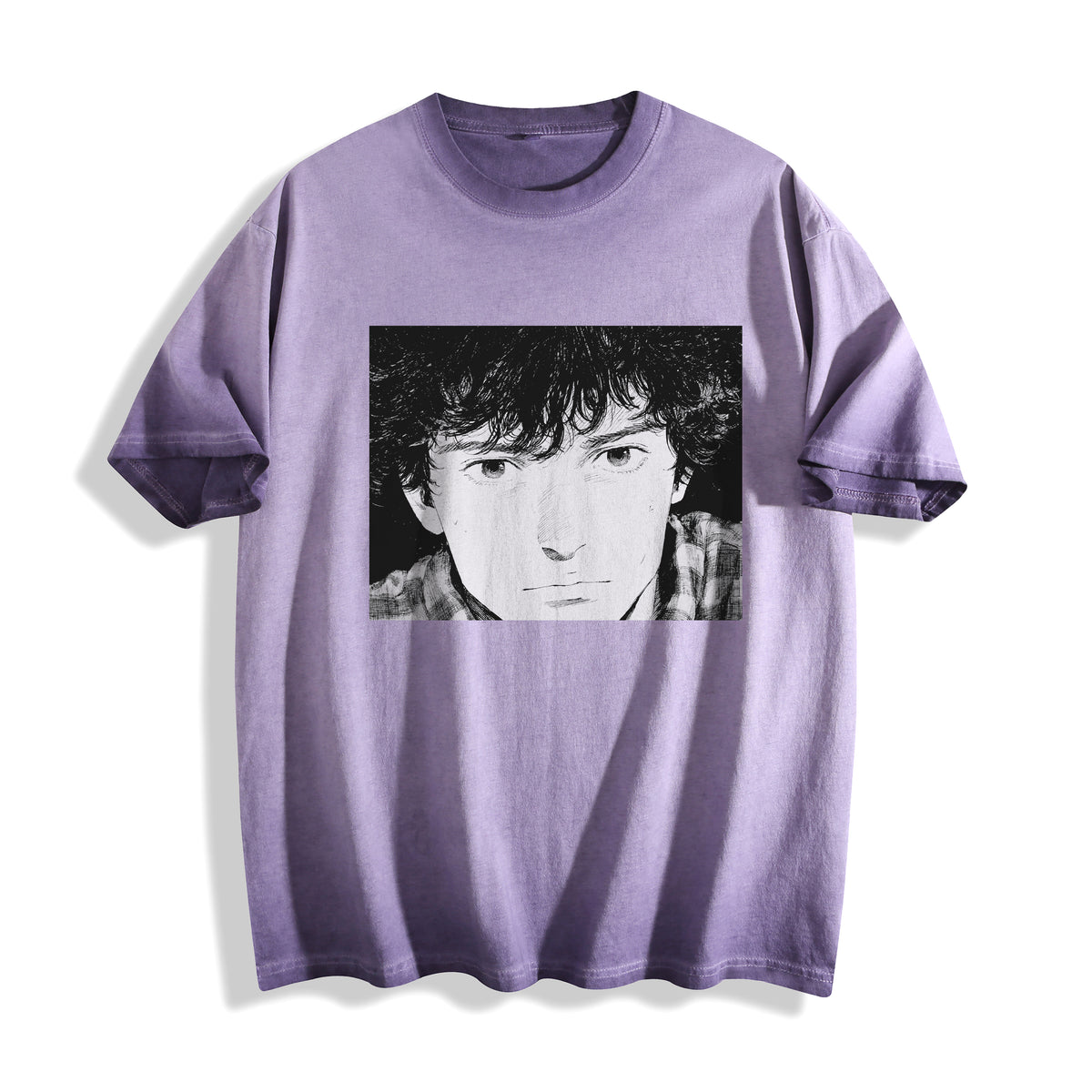 Top-down flat lay view of an ombre violet heavyweight boxy fit graphic tee displaying a striking 90s retro manga portrait design of a man's face on the chest, displayed against a clean white background.