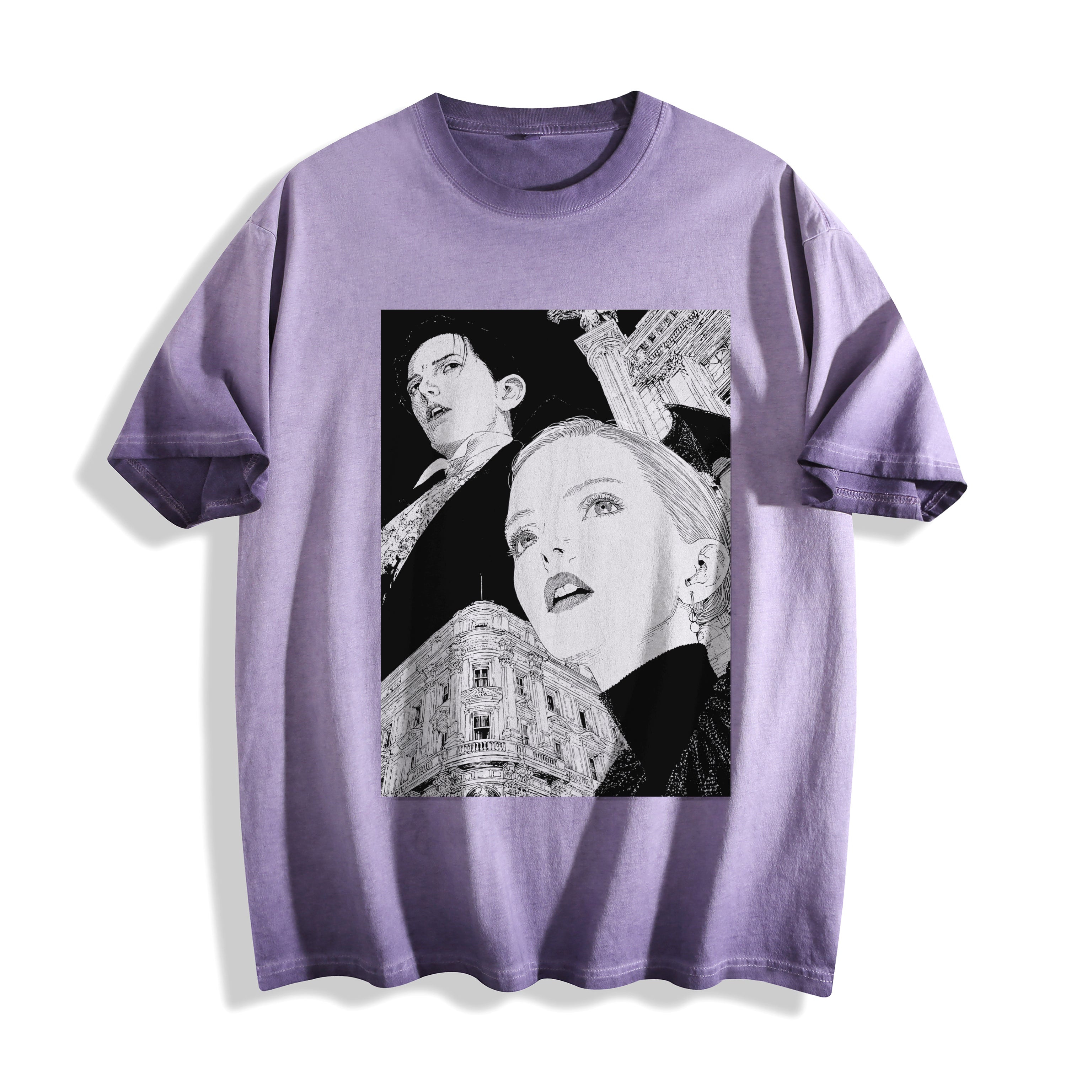 Top-down flat lay view of an ombre violet heavyweight boxy fit graphic tee displaying a striking 90s retro manga architecture and youth portrait design.