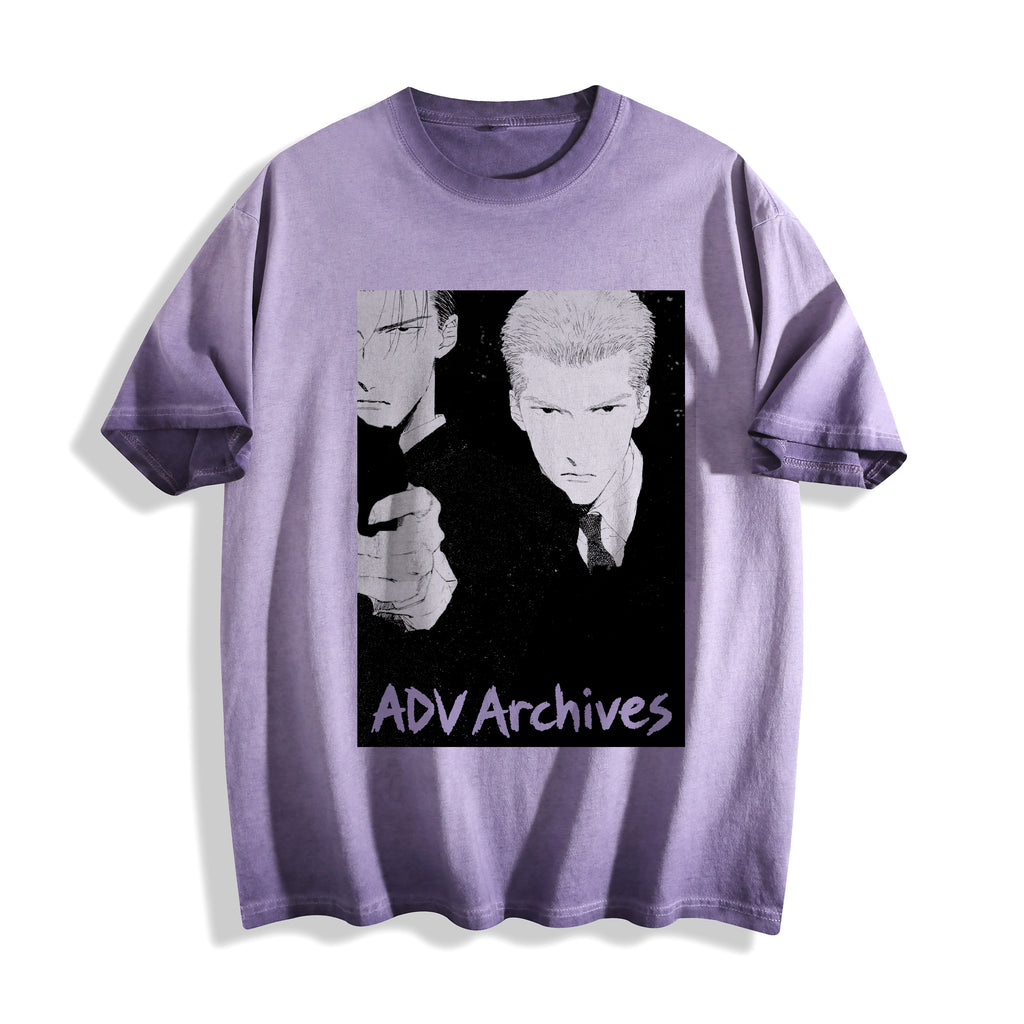 Flat lay product photography of an ombre violet heavyweight boxy fit t-shirt highlighting a gritty 90s monochrome Yakuza execution manga print with the text 'ADV Archives' printed below, displayed against a clean white background.