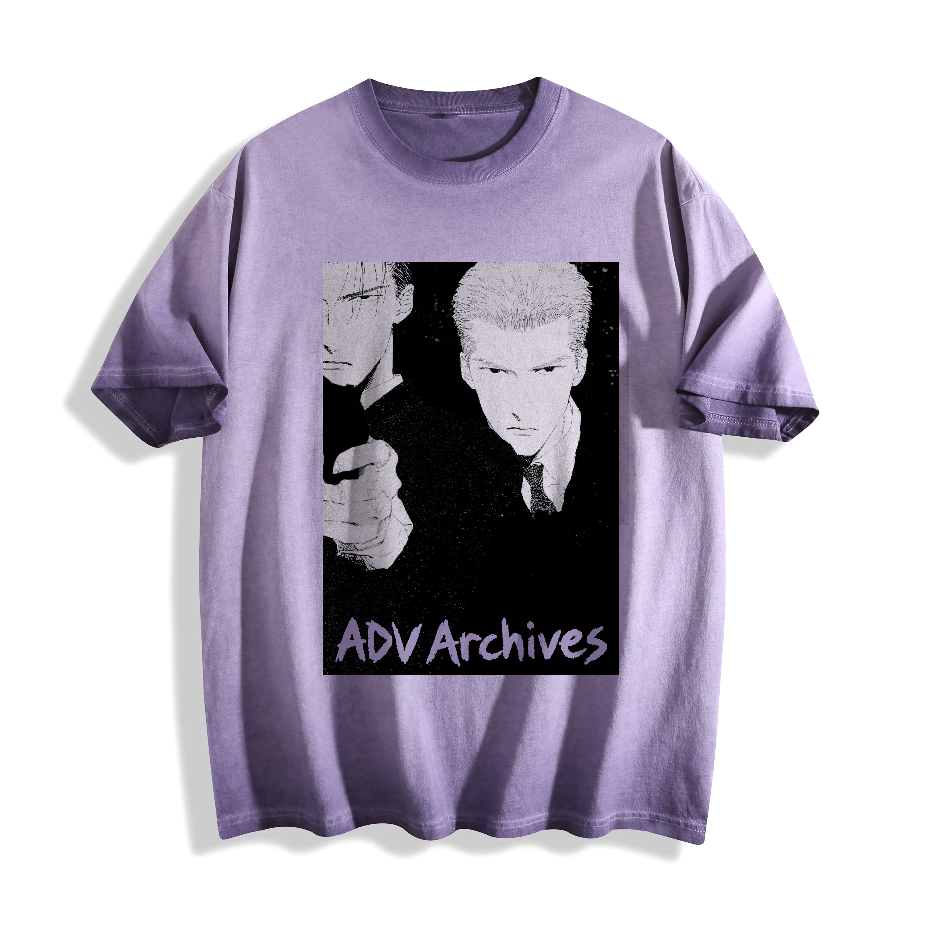 Flat lay product photography of an ombre violet heavyweight boxy fit t-shirt highlighting a gritty 90s monochrome Yakuza execution manga print with the text 'ADV Archives' printed below, displayed against a clean white background.