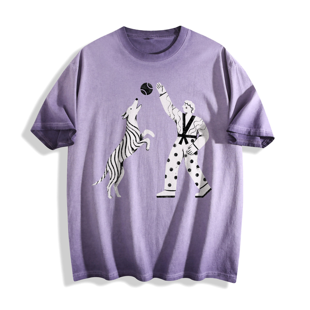 A flat lay of an ombre violet playing fetch ironic graphic tee, blending a unique colorway with a sarcastic existential streetwear graphic.