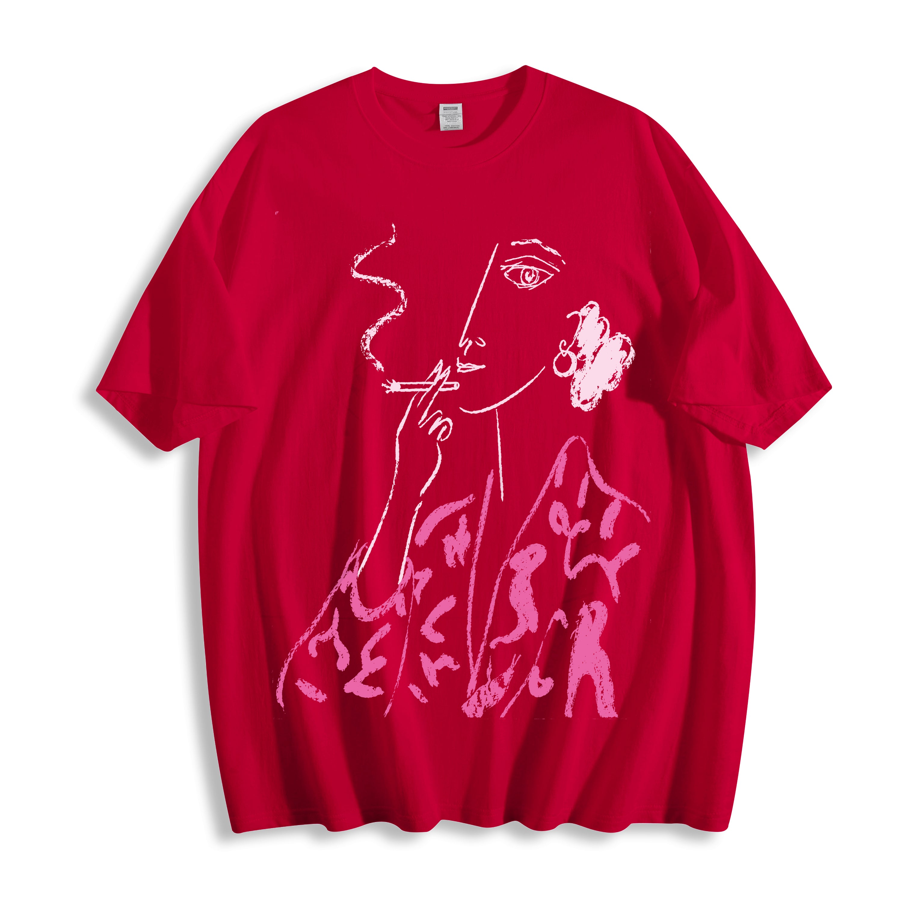 A bright red short-sleeve t-shirt with a white line art graphic of a woman smoking on the front, displayed flat against a white background.