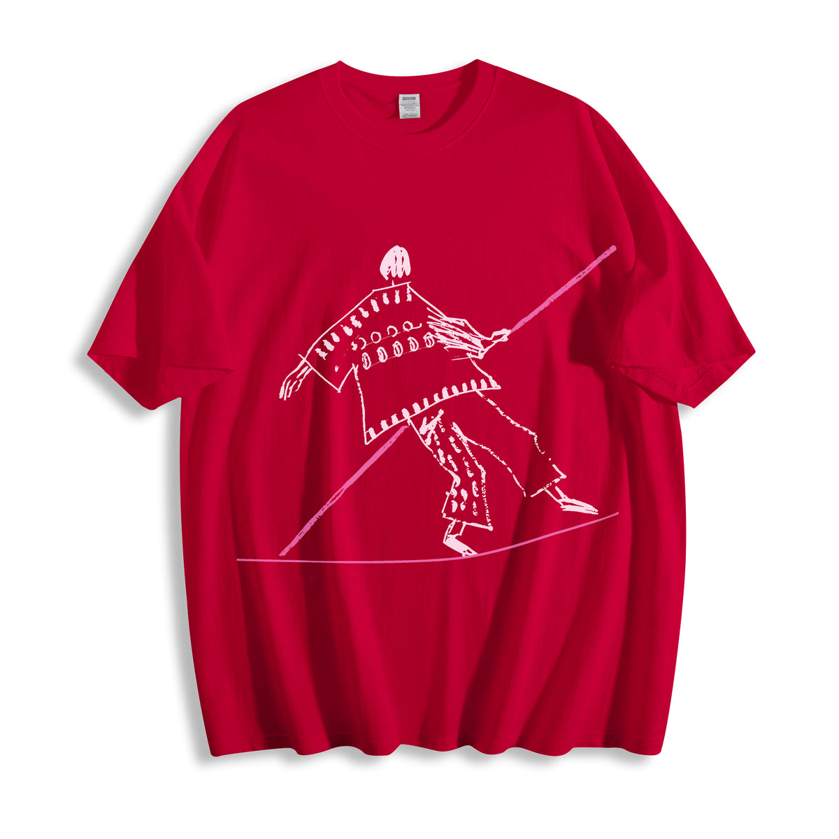 Flat lay product photography of a bold red oversized graphic tee featuring a clean continuous line drawing of a tightrope walker.