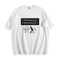 A flat lay of a white screaming internally psychological graphic tee, featuring a deadpan portrait and text box typography capturing a full-blown meltdown.