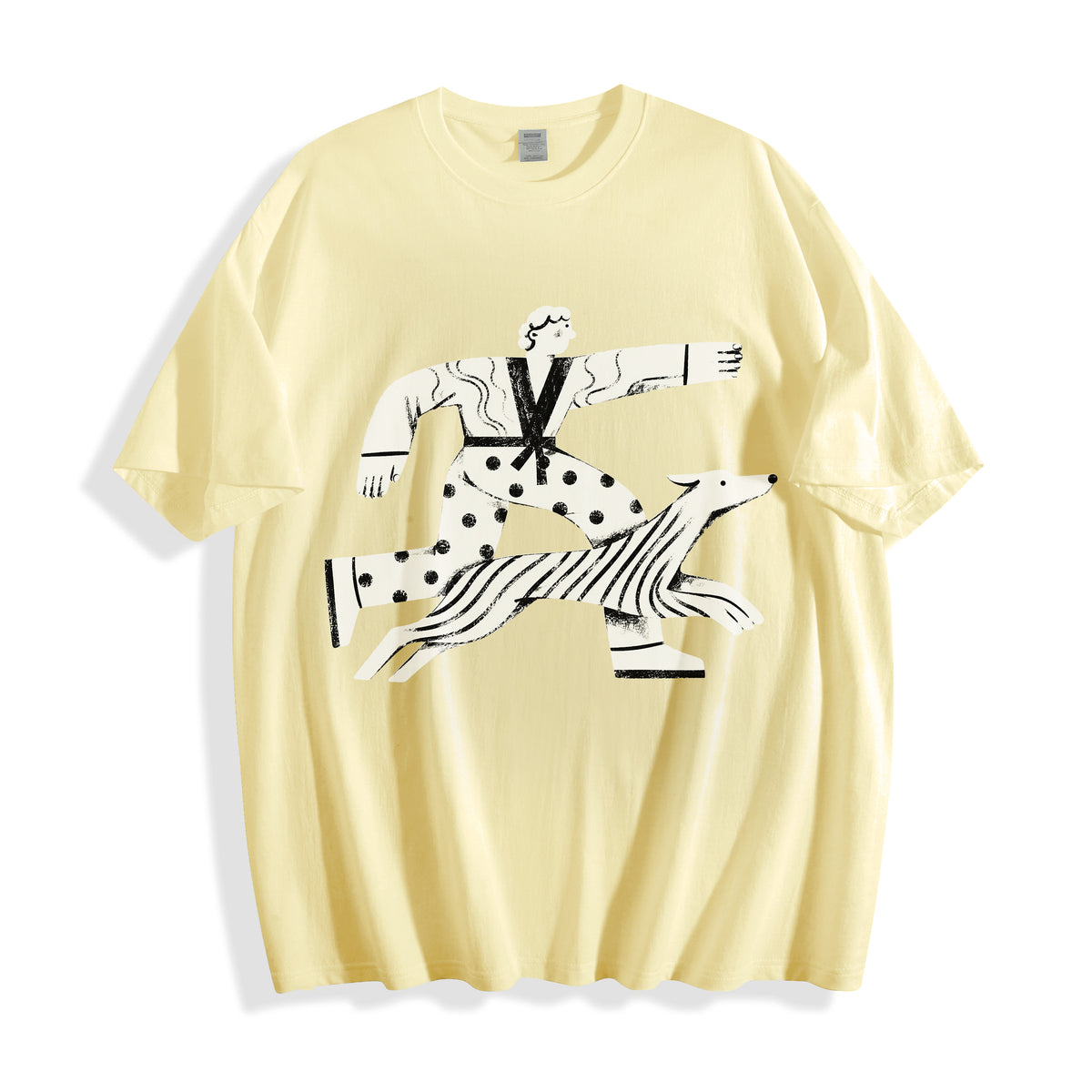 A flat lay of a butter yellow striding away line art graphic tee, combining a warm neutral base with the striding past the drama design.