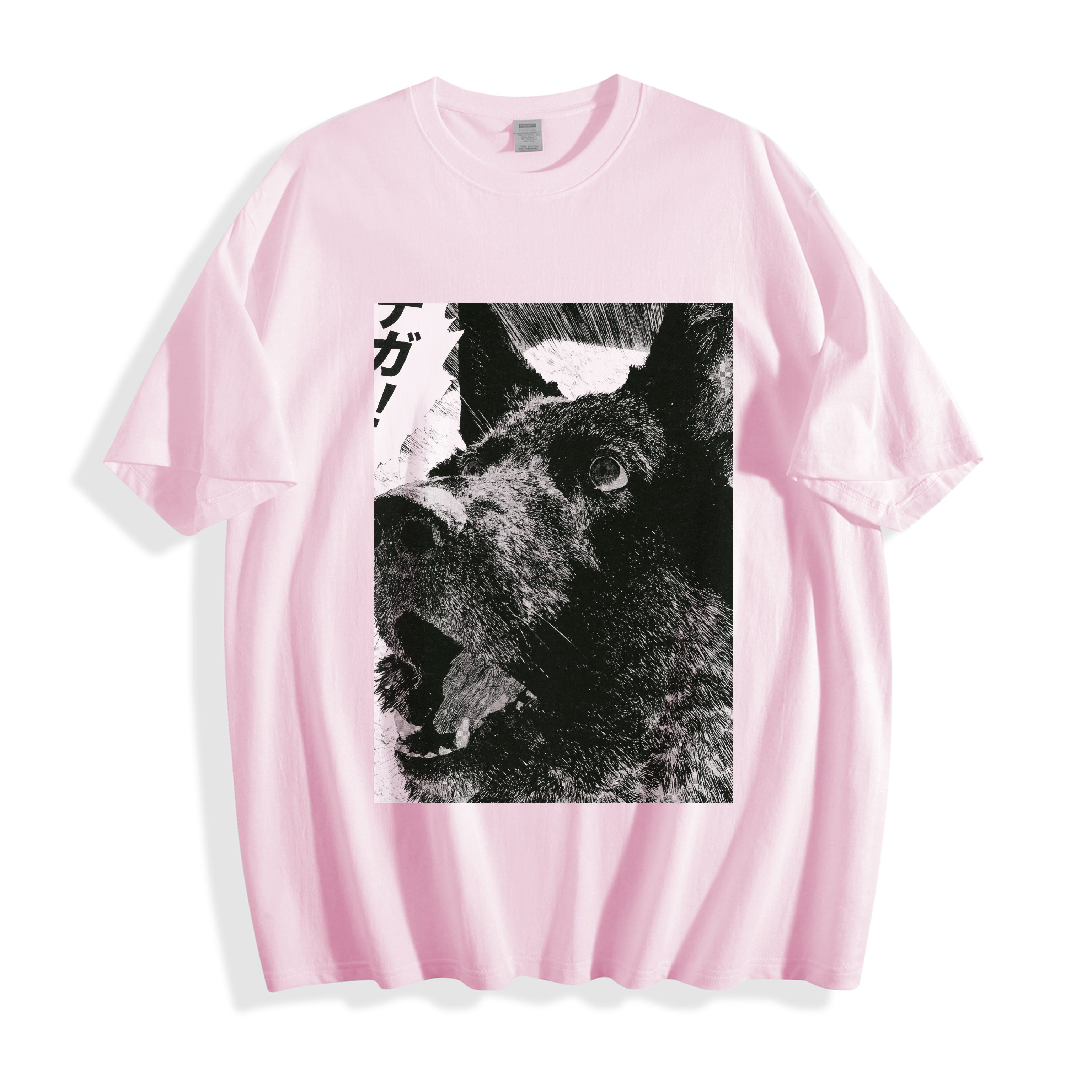 A flat lay of a light pink surprised dog comic panel graphic tee, blending a soft pastel hue with a split-second freeze ink manga graphic.