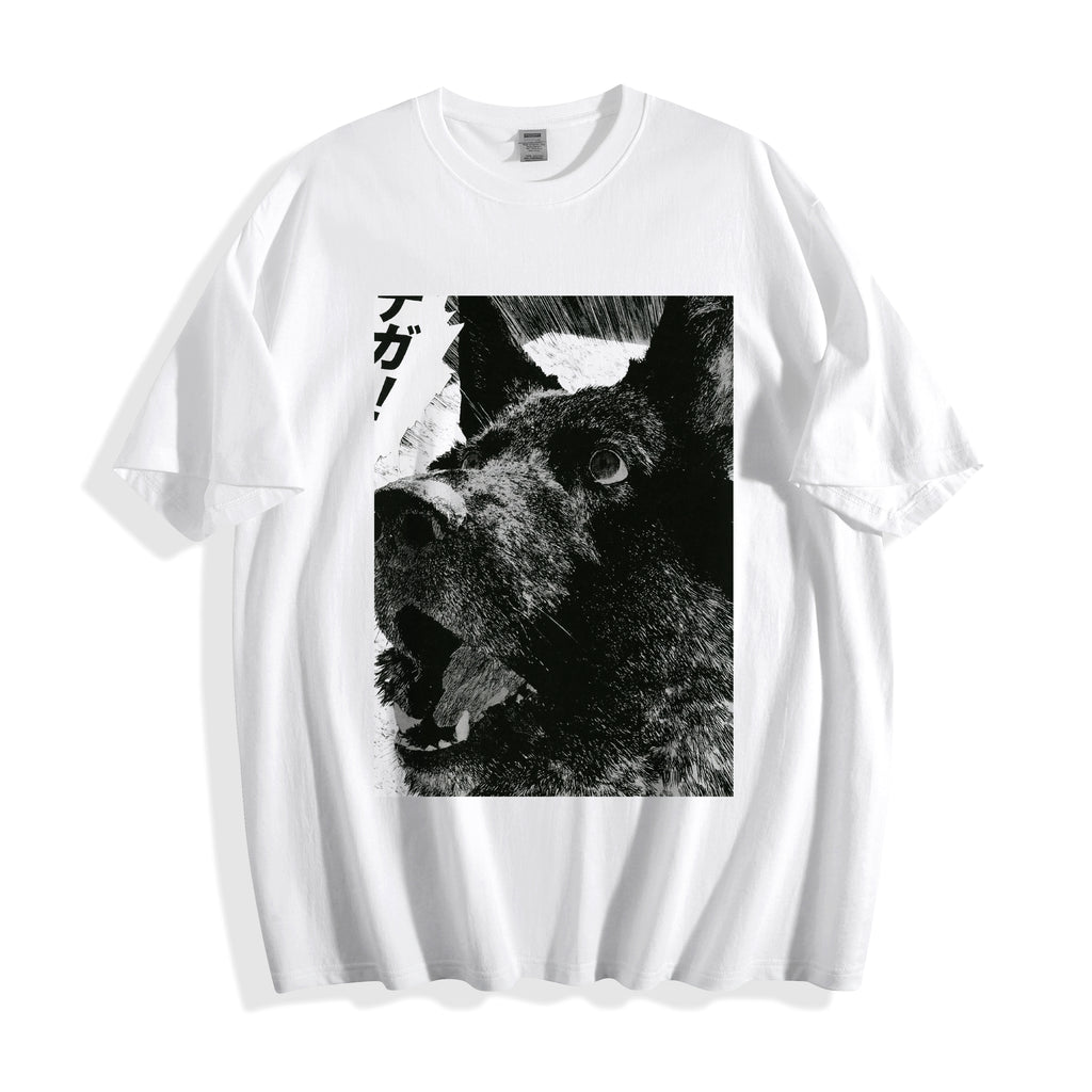 A flat lay of a white surprised dog comic panel graphic tee, featuring heavy shadows, bold lines, and a surprising comical reaction print.