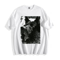 A flat lay of a white surprised dog comic panel graphic tee, featuring heavy shadows, bold lines, and a surprising comical reaction print.
