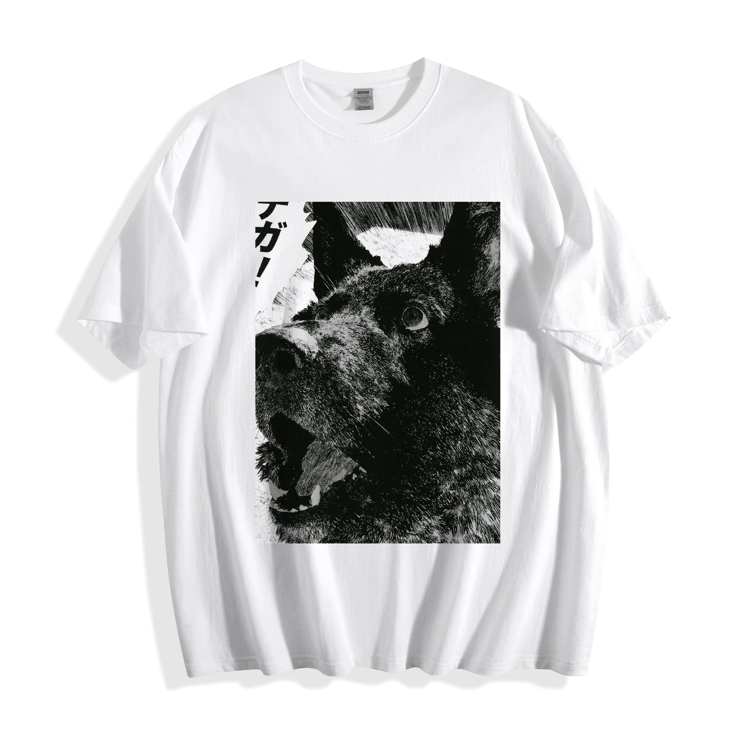 A flat lay of a white surprised dog comic panel graphic tee, featuring heavy shadows, bold lines, and a surprising comical reaction print.