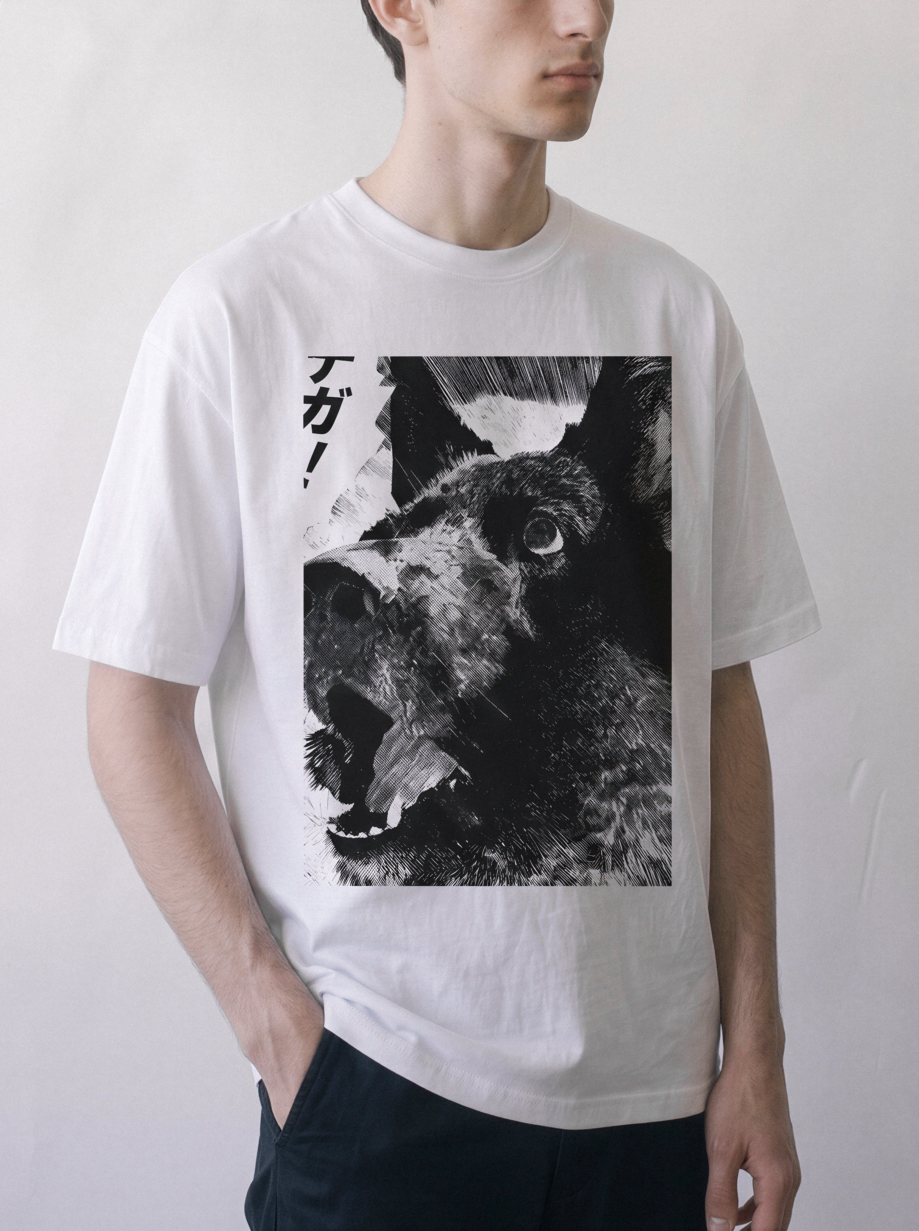 A male model with hands in pockets wearing a white surprised dog comic panel graphic tee, emphasizing the heavy shadows, bold lines, and relaxed boxy fit.