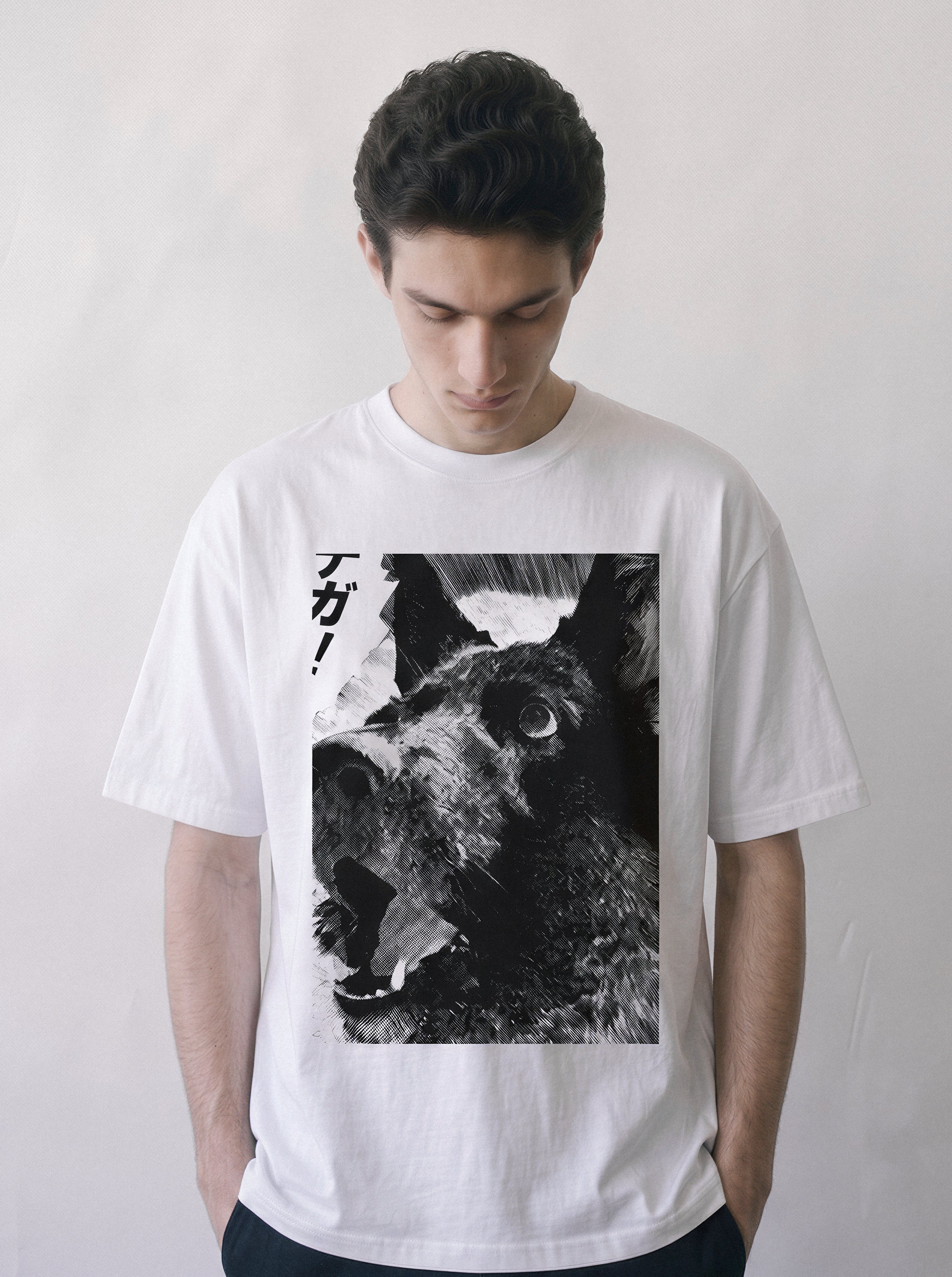 A front view of a male model wearing a white surprised dog comic panel graphic tee, displaying the pure comic panel visual language and casual everyday drape.