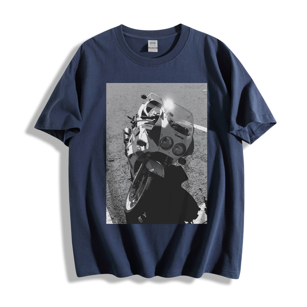 flat lay of a vintage navy 90s monochrome motorcycle photography tee, showcasing the gritty analog sportbike print and retro motorcore aesthetic.