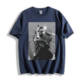 flat lay of a vintage navy 90s monochrome motorcycle photography tee, showcasing the gritty analog sportbike print and retro motorcore aesthetic.