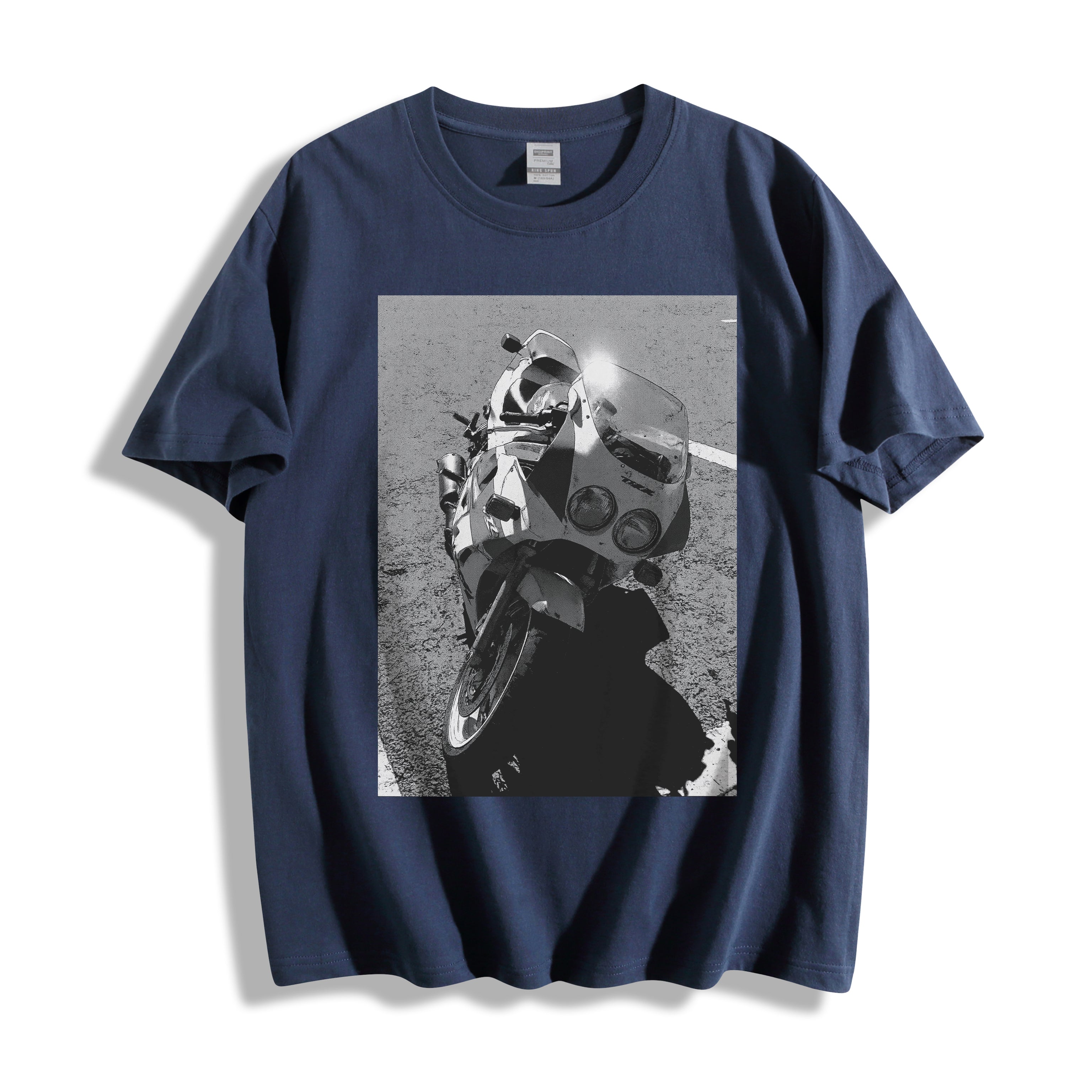 flat lay of a vintage navy 90s monochrome motorcycle photography tee, showcasing the gritty analog sportbike print and retro motorcore aesthetic.