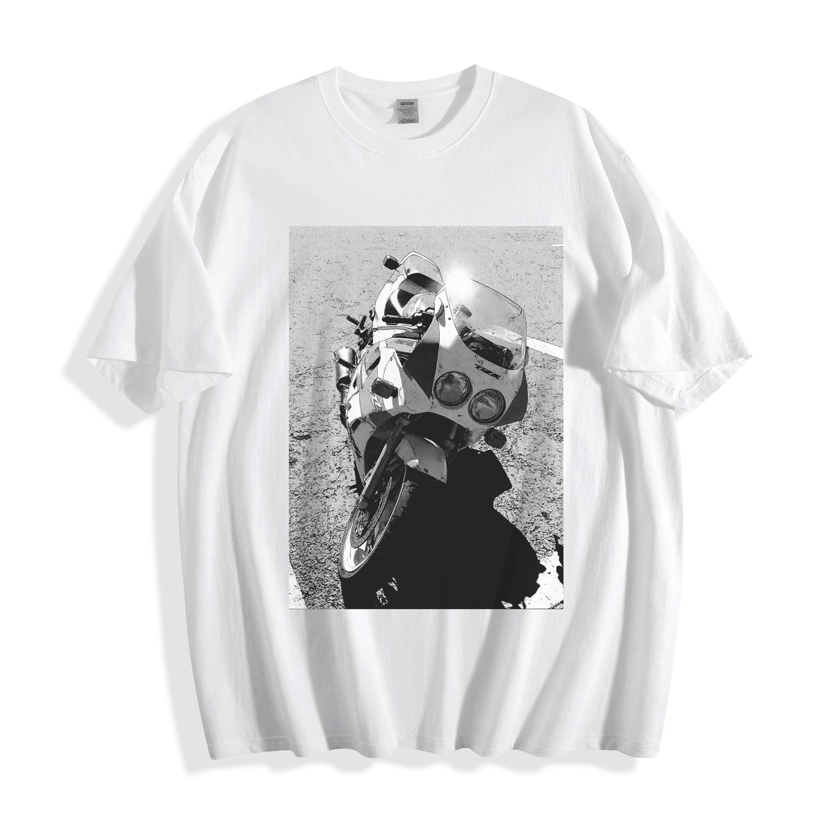 A flat lay of a white 90s monochrome motorcycle photography tee, featuring the clean monochrome Tokyo 98 archive highway beast illustration