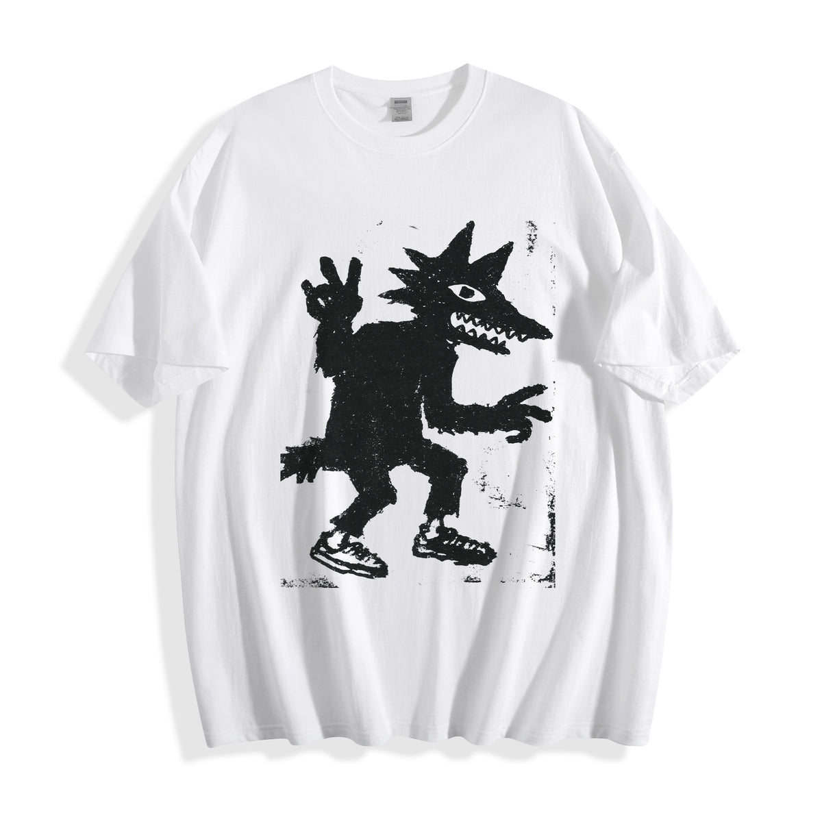 Clean flat lay product shot of a white oversized t-shirt featuring a high-contrast black peace sign monster doodle graphic.