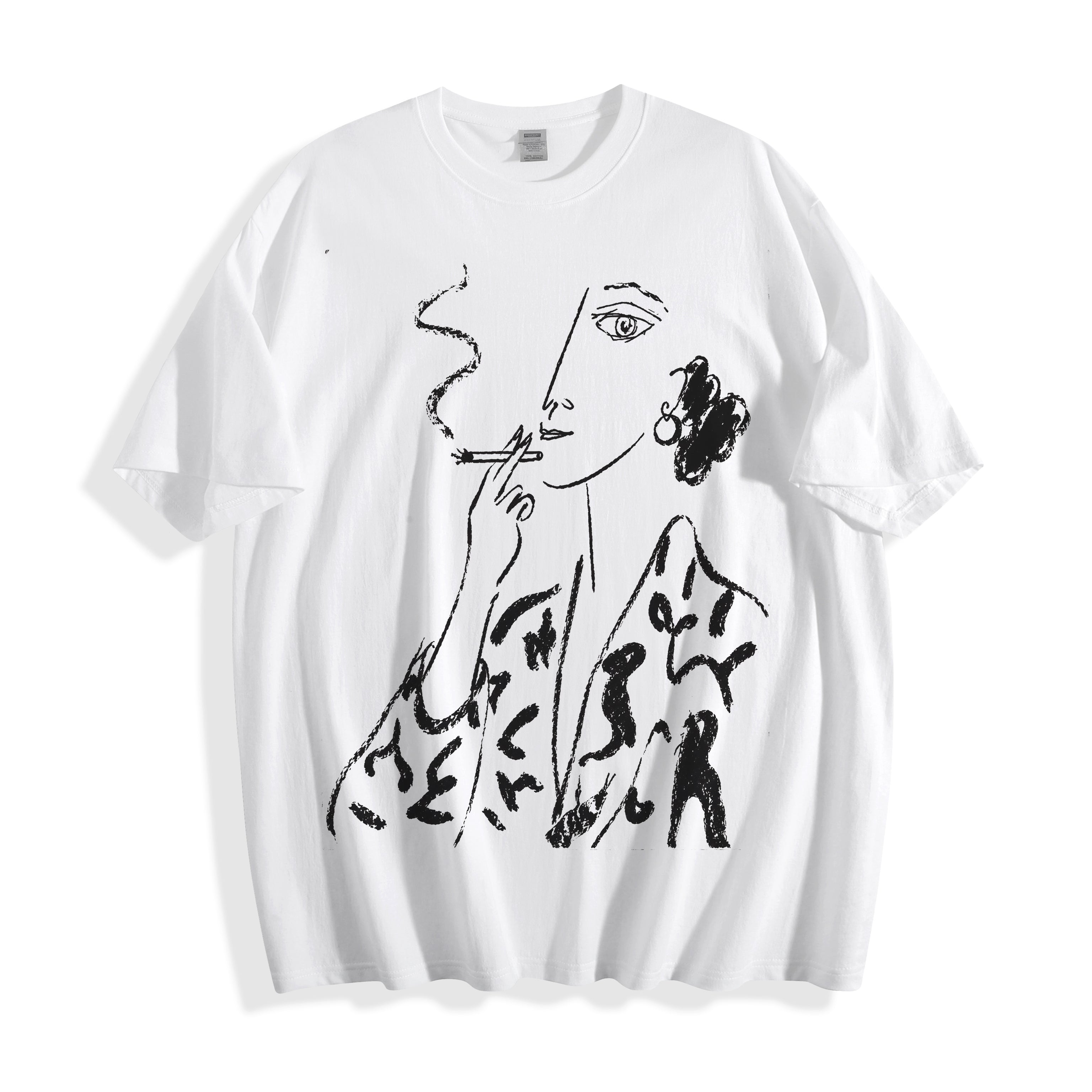 Flat lay product photography of a white oversized t-shirt showcasing a minimalist chalk-textured smoking figure line art portrait.