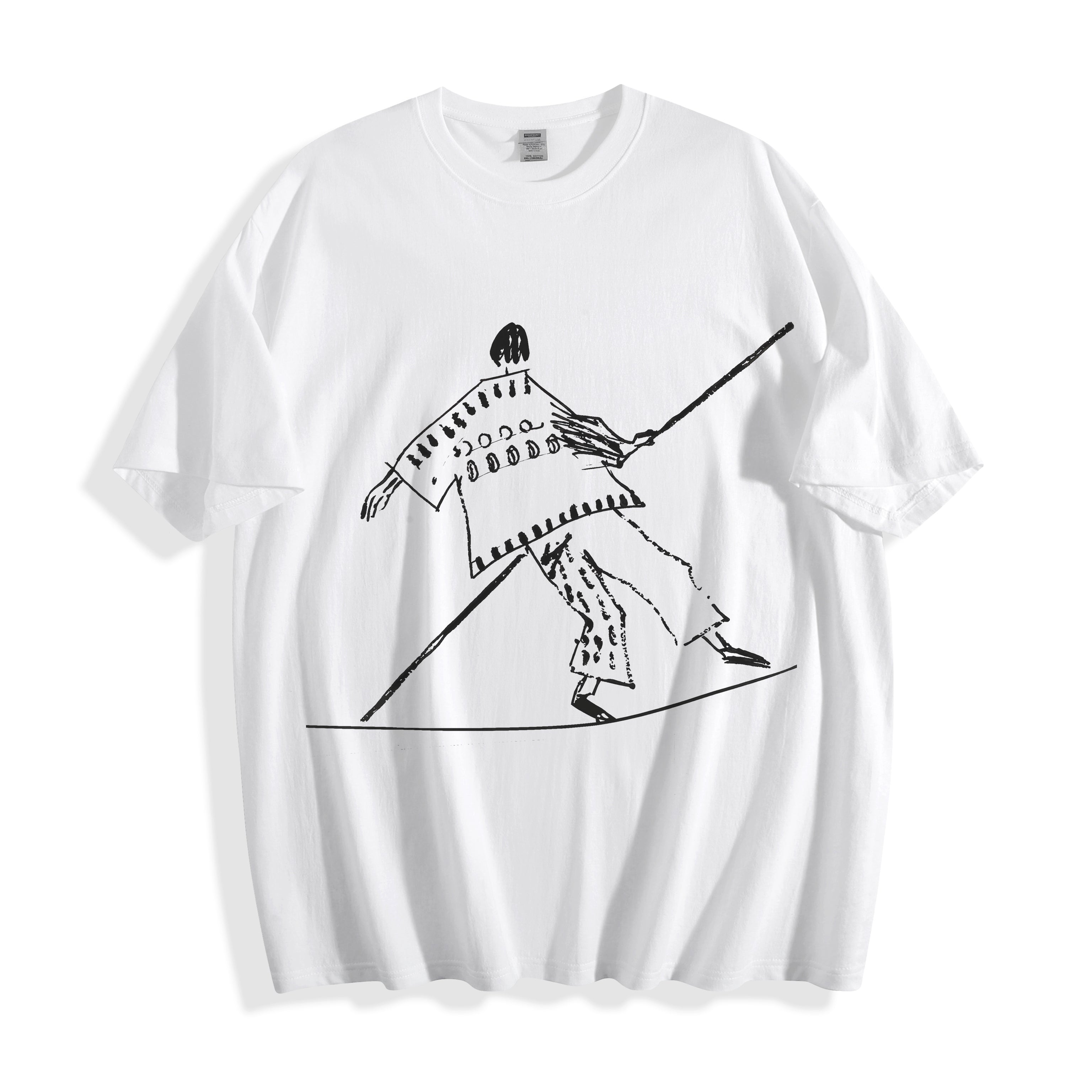 Clean flat lay product shot of a white oversized t-shirt featuring a high-contrast black tightrope walker line art design.