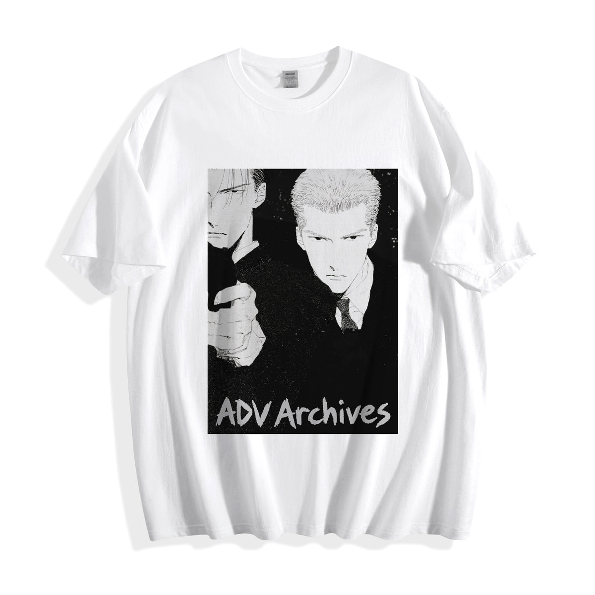 Flat lay product photography of a white oversized t-shirt showcasing a high-contrast 90s monochrome manga Yakuza execution print.